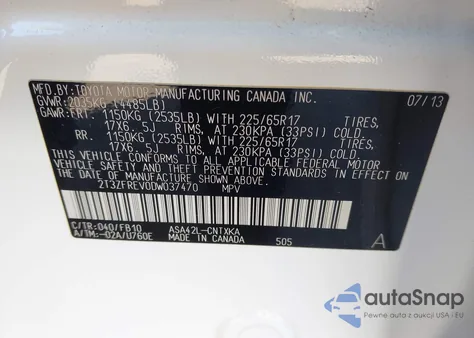 2013 Toyota Rav4 Le из США, поврежденный, VIN 2T3ZFREV0DW037470